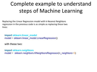 Complete example to understand
steps of Machine Learning
Replacing the Linear Regression model with k-Nearest Neighbors
regression in the previous code is as simple as replacing these two
lines:
import sklearn.linear_model
model = sklearn.linear_model.LinearRegression()
with these two:
import sklearn.neighbors
model = sklearn.neighbors.KNeighborsRegressor(n_neighbors=3)
 