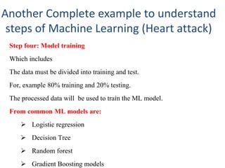 Another Complete example to understand
steps of Machine Learning (Heart attack)
Step four: Model training
Which includes
The data must be divided into training and test.
For, example 80% training and 20% testing.
The processed data will be used to train the ML model.
From common ML models are:
 Logistic regression
 Decision Tree
 Random forest
 Gradient Boosting models
 