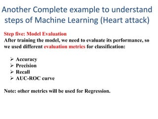 Another Complete example to understand
steps of Machine Learning (Heart attack)
Step five: Model Evaluation
After training the model, we need to evaluate its performance, so
we used different evaluation metrics for classification:
 Accuracy
 Precision
 Recall
 AUC-ROC curve
Note: other metrics will be used for Regression.
 