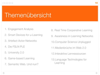 14




Themenübersicht

1. Engagement Analysis            8. Real Time Cooperative Learning
2. Smart Devices for u-Learning   9. Awareness in Learning Networks
3. Artefact-Actor-Networks        10.Computer Science Unplugged
4. Die FSLN PLE                   11.Medienbrüche im Web 2.0
5. University 2.0                 12.Interaktive Lernressourcen
6. Game-based Learning            13.Language Technologies for
                                    Learning
7. Semantic Web. Und nun?
 