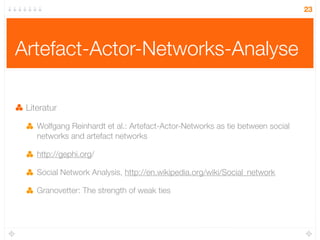 23




Artefact-Actor-Networks-Analyse

 Literatur

    Wolfgang Reinhardt et al.: Artefact-Actor-Networks as tie between social
    networks and artefact networks

    http://gephi.org/

    Social Network Analysis, http://en.wikipedia.org/wiki/Social_network

    Granovetter: The strength of weak ties
 