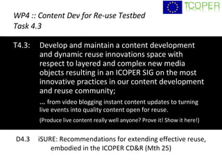 WP4 :: Content Dev for Re-use Testbed Task 4.3 T4.3:  Develop and maintain a content development and dynamic reuse innovations space with respect to layered and complex new media objects resulting in an ICOPER SIG on the most innovative practices in our content development and reuse community;  …  from video blogging instant content updates to turning live events into quality content open for reuse. (Produce live content really well anyone? Prove it! Show it here!) D4.3  iSURE: Recommendations for extending effective reuse, embodied in the ICOPER CD&R (Mth 25) 