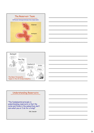 26
Different Interpretations from Same Data
The Reservoir Team
Geologist
Res. Eng.
Geophysicist
Half full no wait
Driller
The Basic Personality
Types in the Oil & Gas Industry
Half full…no, wait,
half empty…What do
you want it to be?
The glass is
over-designed
“The fundamental principle in
understanding reservoirs is that the
Understanding Reservoirs
g
rocks and fluids in the subsurface don’t
care what you or I do for a living!”
R.M. Sneider
 