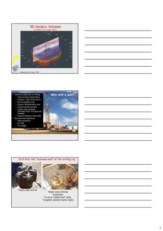 7
M-2
M-6
M-3
M-4
M-10
M-9
M-6
M-5
Q-1
3D Seismic Volumes
(example from Cooper Basin)
Nakanishi and Lang, 2001
• Technical objectives for drilling:
– Test concepts (exploration)
– Produce / inject fluids (prod.)
– Drill to targeted zone
– Acquire representative core
– Acquire quality log data
– Collect other samples
(formation fluid, mud gas and
cuttings)
A i t d t
Why drill a well?
– Acquire pressure, temp data
• Non-technical objectives:
– Safe operations
– On time
– On budget
Drill bits: the “business end” of the drilling rig
Roller cone drill bits
Examples:
Tri-cone “milled tooth” (left),
Tungsten carbide inserts (right)
Fixed cutter drill bit
 