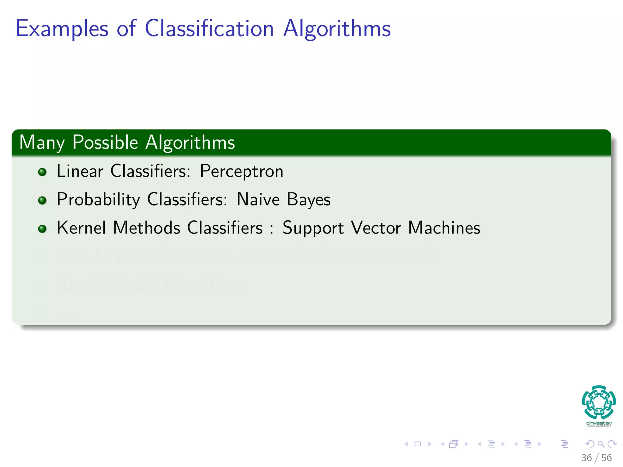 Examples of Classiﬁcation Algorithms
Many Possible Algorithms
Linear Classiﬁers: Perceptron
Probability Classiﬁers: Naive Bayes
Kernel Methods Classiﬁers : Support Vector Machines
Non-Linear Classiﬁers: Artiﬁcial Neural Networks
Graph Model Classiﬁers:
. . .
36 / 56
 
