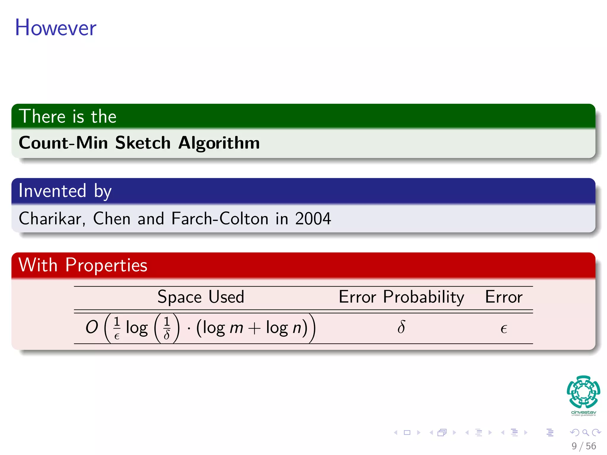 However
There is the
Count-Min Sketch Algorithm
Invented by
Charikar, Chen and Farch-Colton in 2004
With Properties
Space Used Error Probability Error
O 1
log 1
δ · (log m + log n) δ
9 / 56
 