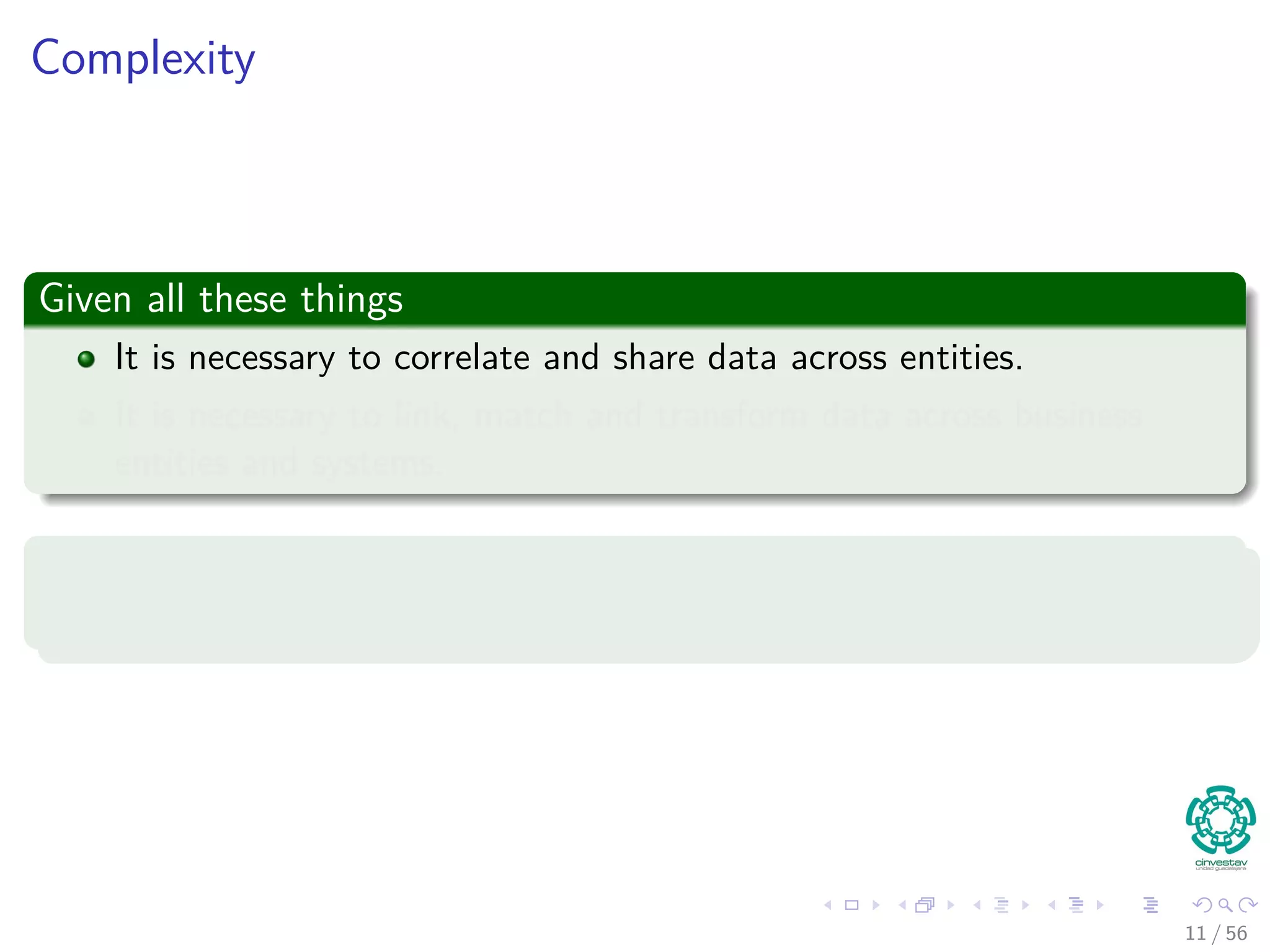 Complexity
Given all these things
It is necessary to correlate and share data across entities.
It is necessary to link, match and transform data across business
entities and systems.
With this...
Complexity goes through the roof!!!
11 / 56
 