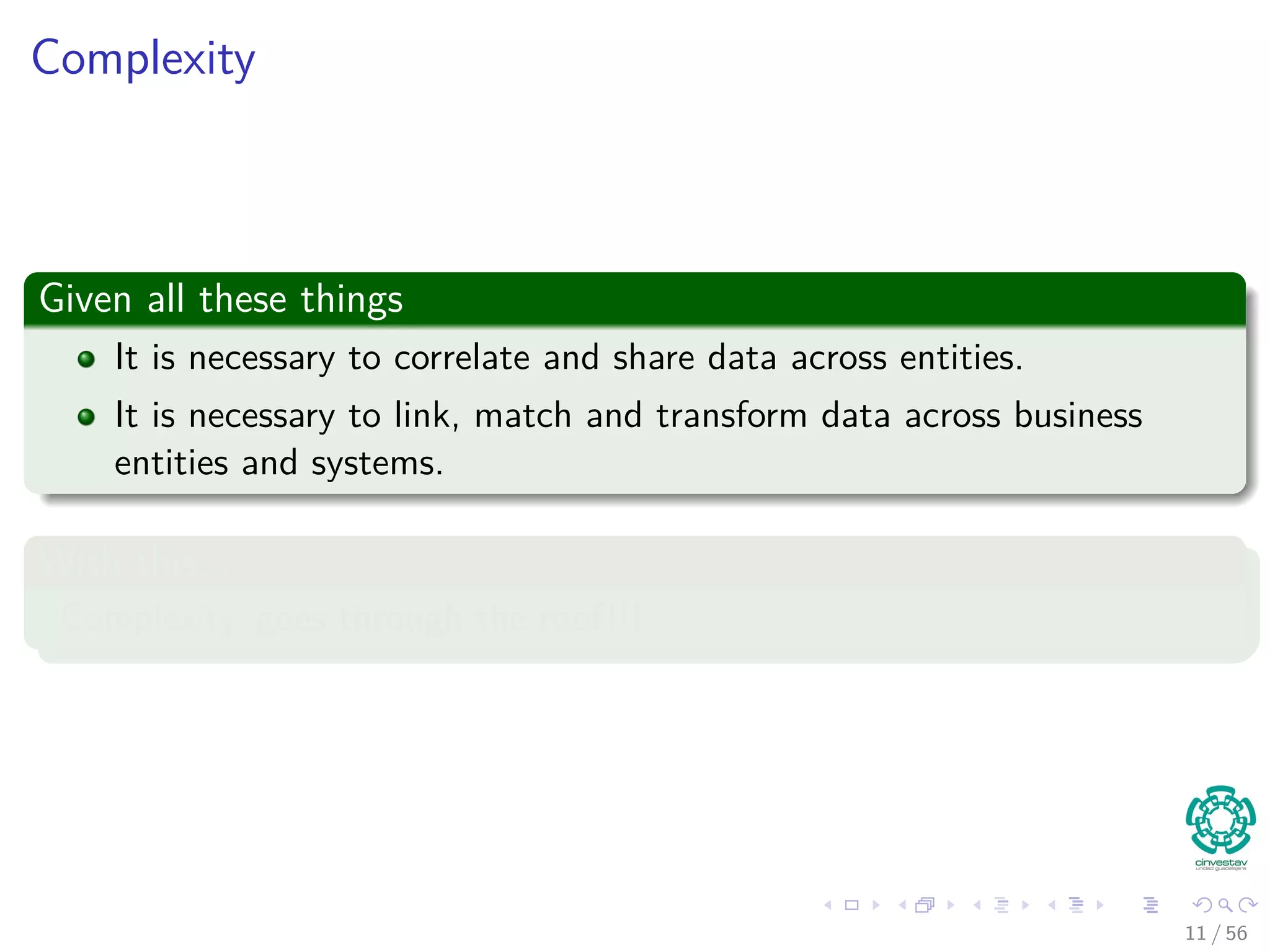 Complexity
Given all these things
It is necessary to correlate and share data across entities.
It is necessary to link, match and transform data across business
entities and systems.
With this...
Complexity goes through the roof!!!
11 / 56
 