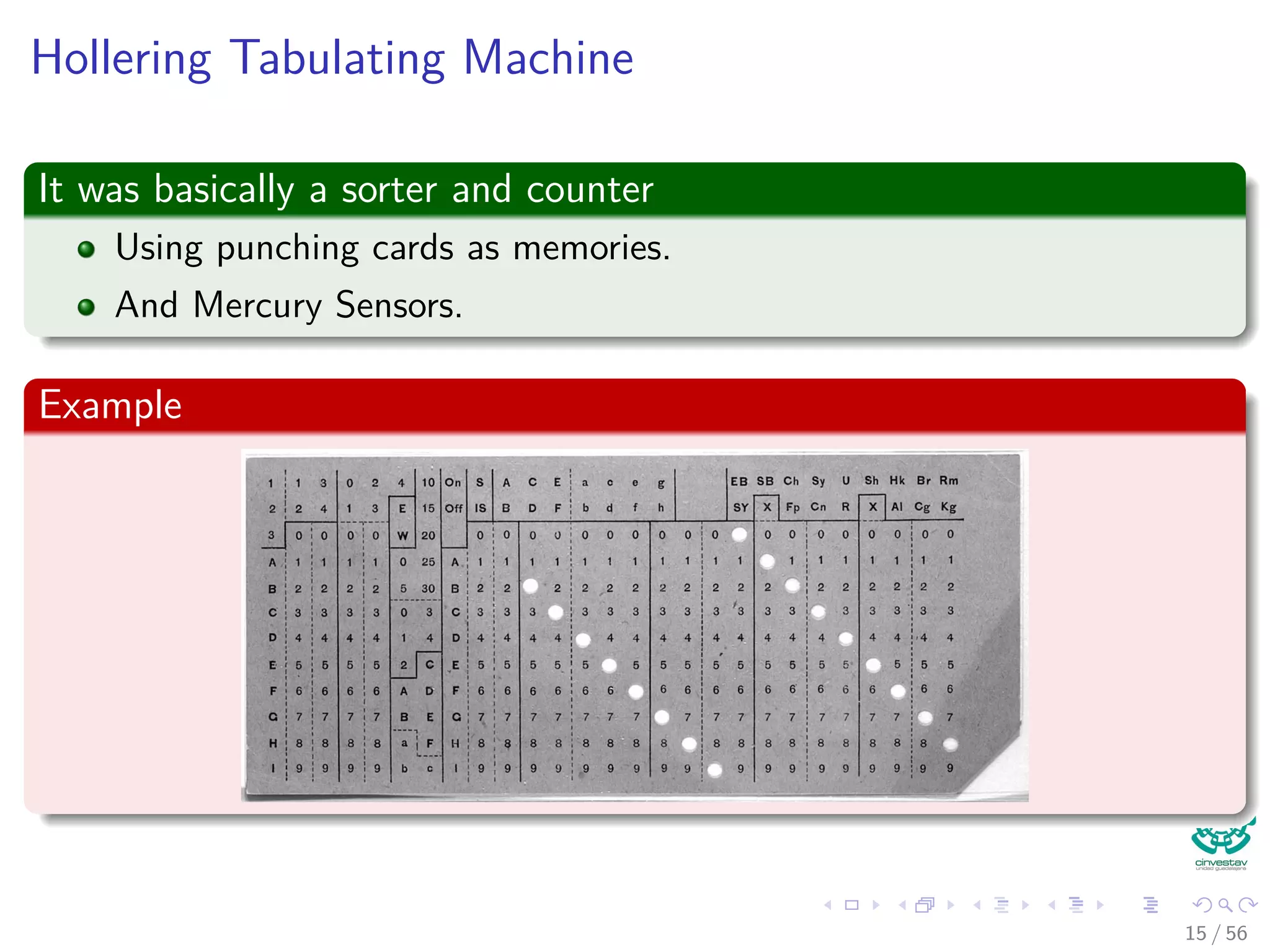 Hollering Tabulating Machine
It was basically a sorter and counter
Using punching cards as memories.
And Mercury Sensors.
Example
15 / 56
 