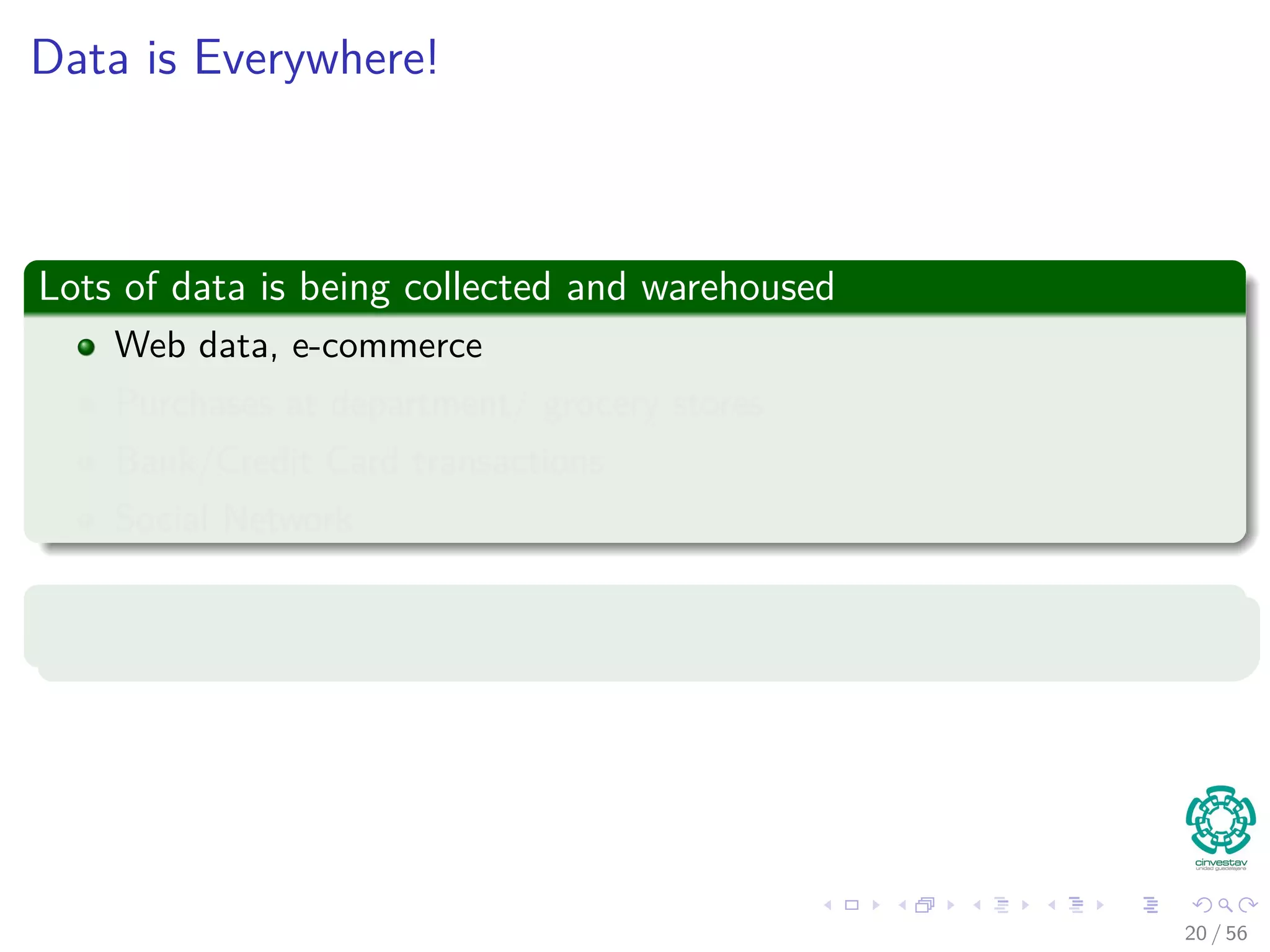 Data is Everywhere!
Lots of data is being collected and warehoused
Web data, e-commerce
Purchases at department/ grocery stores
Bank/Credit Card transactions
Social Network
Many Places
20 / 56
 