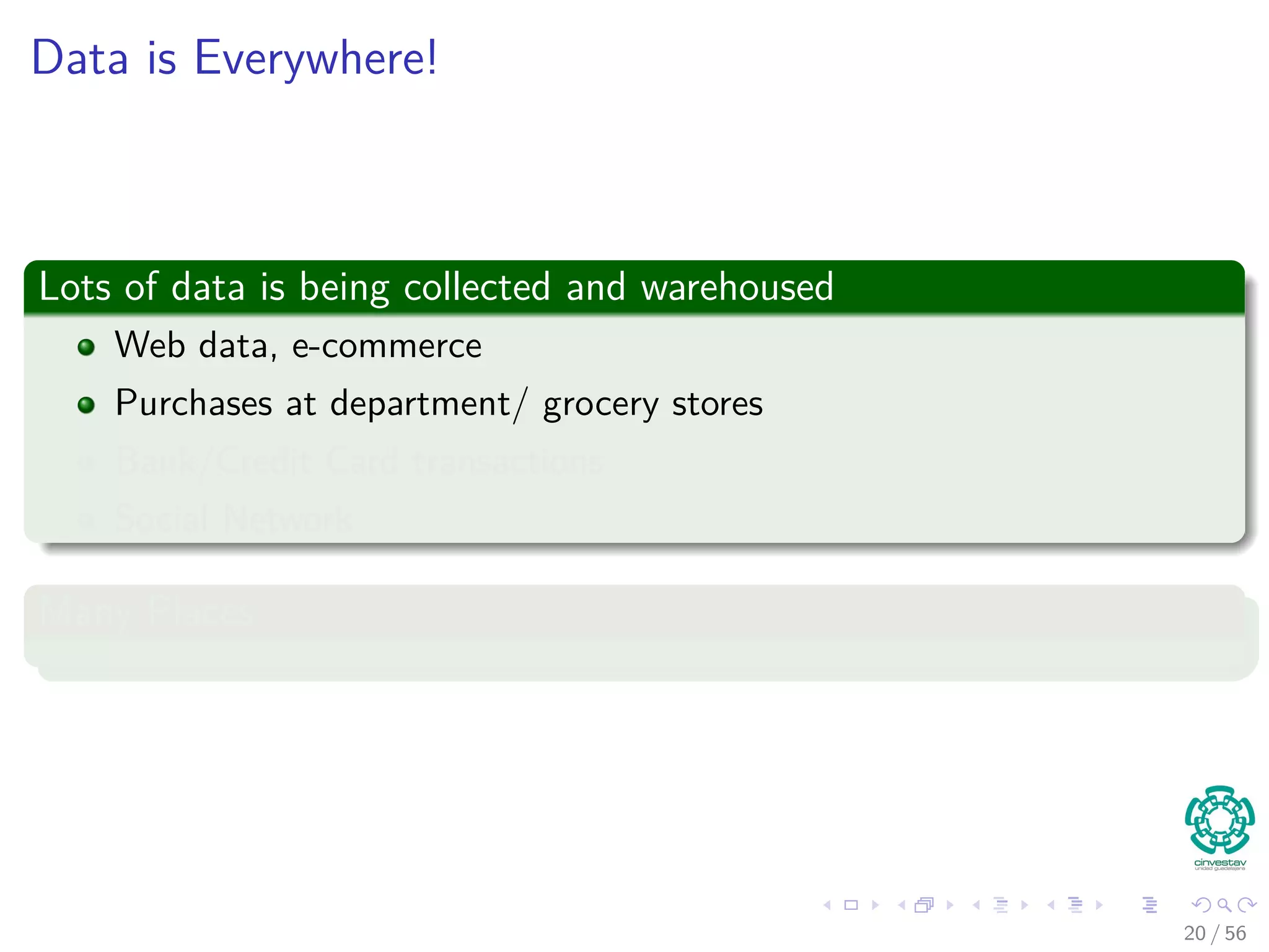 Data is Everywhere!
Lots of data is being collected and warehoused
Web data, e-commerce
Purchases at department/ grocery stores
Bank/Credit Card transactions
Social Network
Many Places
20 / 56
 
