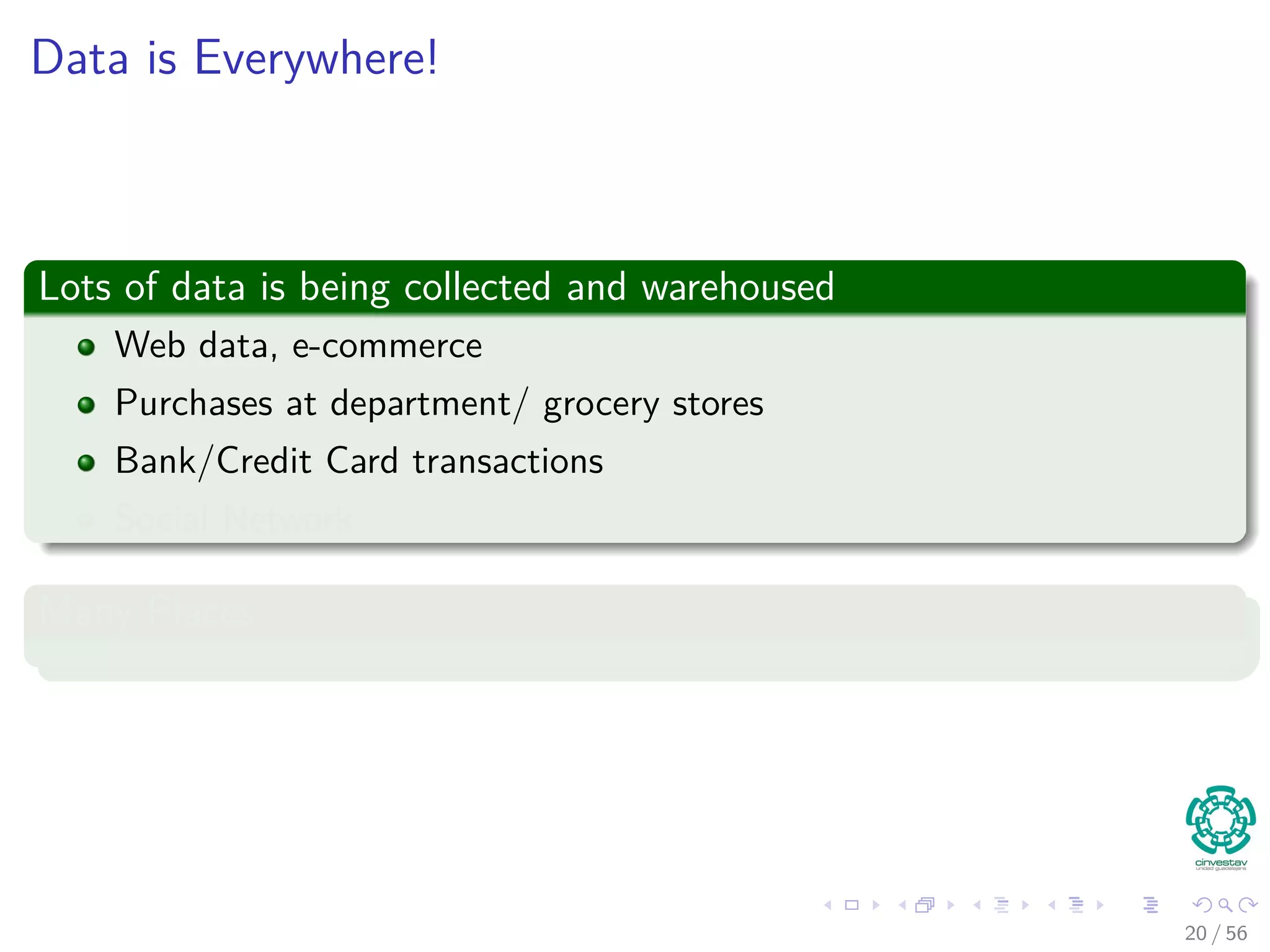 Data is Everywhere!
Lots of data is being collected and warehoused
Web data, e-commerce
Purchases at department/ grocery stores
Bank/Credit Card transactions
Social Network
Many Places
20 / 56
 