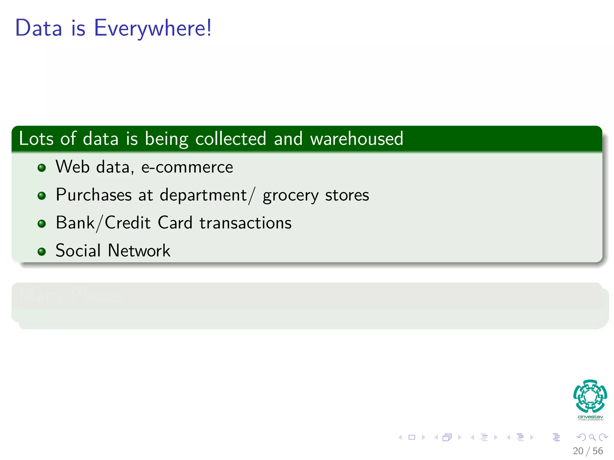 Data is Everywhere!
Lots of data is being collected and warehoused
Web data, e-commerce
Purchases at department/ grocery stores
Bank/Credit Card transactions
Social Network
Many Places
20 / 56
 