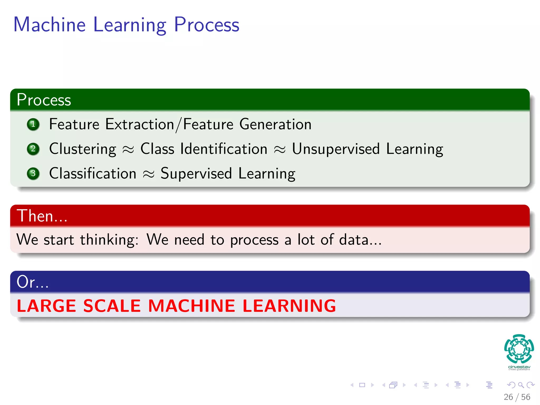 Machine Learning Process
Process
1 Feature Extraction/Feature Generation
2 Clustering ≈ Class Identiﬁcation ≈ Unsupervised Learning
3 Classiﬁcation ≈ Supervised Learning
Then...
We start thinking: We need to process a lot of data...
Or...
LARGE SCALE MACHINE LEARNING
26 / 56
 