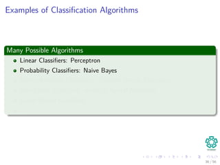 Examples of Classiﬁcation Algorithms
Many Possible Algorithms
Linear Classiﬁers: Perceptron
Probability Classiﬁers: Naive Bayes
Kernel Methods Classiﬁers : Support Vector Machines
Non-Linear Classiﬁers: Artiﬁcial Neural Networks
Graph Model Classiﬁers:
. . .
36 / 56
 