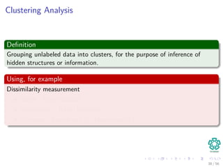 Clustering Analysis
Deﬁnition
Grouping unlabeled data into clusters, for the purpose of inference of
hidden structures or information.
Using, for example
Dissimilarity measurement
Angle : Inner product, . . .
Non-metric : Rank, Intensity, . . .
Distance : Euclidean (l2), Manhattan(l1), . . .
38 / 56
 