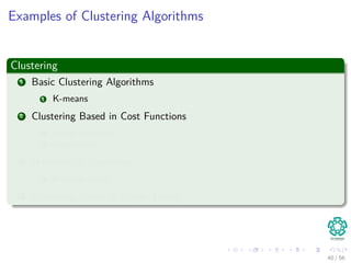 Examples of Clustering Algorithms
Clustering
1 Basic Clustering Algorithms
1 K-means
2 Clustering Based in Cost Functions
1 Fuzzy C-means
2 Possibilistic
3 Hierarchical Clustering
1 Entropy based
4 Clustering Based in Graph Theory
40 / 56
 