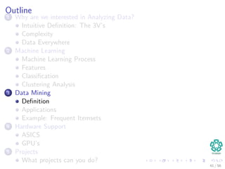 Outline
1 Why are we interested in Analyzing Data?
Intuitive Deﬁnition: The 3V’s
Complexity
Data Everywhere
2 Machine Learning
Machine Learning Process
Features
Classiﬁcation
Clustering Analysis
3 Data Mining
Deﬁnition
Applications
Example: Frequent Itemsets
4 Hardware Support
ASICS
GPU’s
5 Projects
What projects can you do?
41 / 56
 