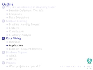Outline
1 Why are we interested in Analyzing Data?
Intuitive Deﬁnition: The 3V’s
Complexity
Data Everywhere
2 Machine Learning
Machine Learning Process
Features
Classiﬁcation
Clustering Analysis
3 Data Mining
Deﬁnition
Applications
Example: Frequent Itemsets
4 Hardware Support
ASICS
GPU’s
5 Projects
What projects can you do?
44 / 56
 