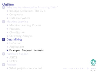Outline
1 Why are we interested in Analyzing Data?
Intuitive Deﬁnition: The 3V’s
Complexity
Data Everywhere
2 Machine Learning
Machine Learning Process
Features
Classiﬁcation
Clustering Analysis
3 Data Mining
Deﬁnition
Applications
Example: Frequent Itemsets
4 Hardware Support
ASICS
GPU’s
5 Projects
What projects can you do?
46 / 56
 
