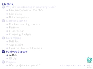 Outline
1 Why are we interested in Analyzing Data?
Intuitive Deﬁnition: The 3V’s
Complexity
Data Everywhere
2 Machine Learning
Machine Learning Process
Features
Classiﬁcation
Clustering Analysis
3 Data Mining
Deﬁnition
Applications
Example: Frequent Itemsets
4 Hardware Support
ASICS
GPU’s
5 Projects
What projects can you do?
50 / 56
 