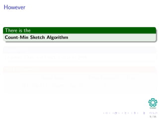However
There is the
Count-Min Sketch Algorithm
Invented by
Charikar, Chen and Farch-Colton in 2004
With Properties
Space Used Error Probability Error
O 1
log 1
δ · (log m + log n) δ
9 / 56
 