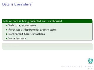 Data is Everywhere!
Lots of data is being collected and warehoused
Web data, e-commerce
Purchases at department/ grocery stores
Bank/Credit Card transactions
Social Network
Many Places
20 / 56
 