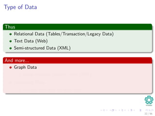 Type of Data
Thus
Relational Data (Tables/Transaction/Legacy Data)
Text Data (Web)
Semi-structured Data (XML)
And more...
Graph Data
Social Network, Semantic Web (RDF), . . .
Streaming Data
You can only scan the data once
22 / 56
 