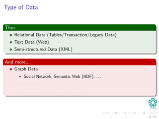 Type of Data
Thus
Relational Data (Tables/Transaction/Legacy Data)
Text Data (Web)
Semi-structured Data (XML)
And more...
Graph Data
Social Network, Semantic Web (RDF), . . .
Streaming Data
You can only scan the data once
22 / 56
 