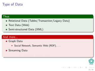 Type of Data
Thus
Relational Data (Tables/Transaction/Legacy Data)
Text Data (Web)
Semi-structured Data (XML)
And more...
Graph Data
Social Network, Semantic Web (RDF), . . .
Streaming Data
You can only scan the data once
22 / 56
 