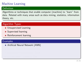 Machine Learning
Deﬁnition
Algorithms or techniques that enable computer (machine) to “learn” from
data. Related with many areas such as data mining, statistics, information
theory, etc.
Algorithm Types:
Unsupervised Learning
Supervised learning
Reinforcement learning
Examples
Artiﬁcial Neural Network (ANN)
Support Vector Machine (SVM)
Expectation-Maximization (EM)
Deterministic Annealing (DA)
24 / 56
 