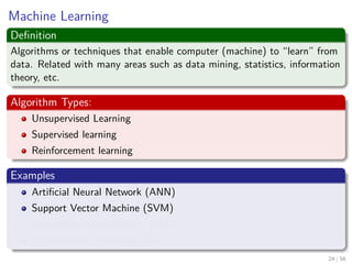 Machine Learning
Deﬁnition
Algorithms or techniques that enable computer (machine) to “learn” from
data. Related with many areas such as data mining, statistics, information
theory, etc.
Algorithm Types:
Unsupervised Learning
Supervised learning
Reinforcement learning
Examples
Artiﬁcial Neural Network (ANN)
Support Vector Machine (SVM)
Expectation-Maximization (EM)
Deterministic Annealing (DA)
24 / 56
 