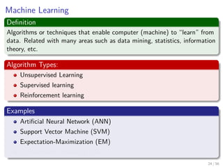 Machine Learning
Deﬁnition
Algorithms or techniques that enable computer (machine) to “learn” from
data. Related with many areas such as data mining, statistics, information
theory, etc.
Algorithm Types:
Unsupervised Learning
Supervised learning
Reinforcement learning
Examples
Artiﬁcial Neural Network (ANN)
Support Vector Machine (SVM)
Expectation-Maximization (EM)
Deterministic Annealing (DA)
24 / 56
 