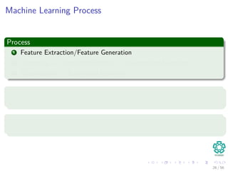 Machine Learning Process
Process
1 Feature Extraction/Feature Generation
2 Clustering ≈ Class Identiﬁcation ≈ Unsupervised Learning
3 Classiﬁcation ≈ Supervised Learning
Then...
We start thinking: We need to process a lot of data...
Or...
LARGE SCALE MACHINE LEARNING
26 / 56
 