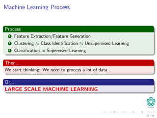 Machine Learning Process
Process
1 Feature Extraction/Feature Generation
2 Clustering ≈ Class Identiﬁcation ≈ Unsupervised Learning
3 Classiﬁcation ≈ Supervised Learning
Then...
We start thinking: We need to process a lot of data...
Or...
LARGE SCALE MACHINE LEARNING
26 / 56
 