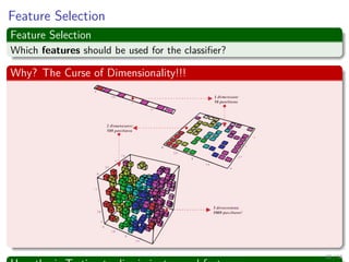 Feature Selection
Feature Selection
Which features should be used for the classiﬁer?
Why? The Curse of Dimensionality!!!
30 / 56
 