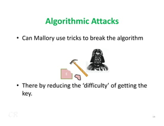 Algorithmic Attacks
• Can Mallory use tricks to break the algorithm
CR
• There by reducing the ‘difficulty’ of getting the
key.
14
E
 