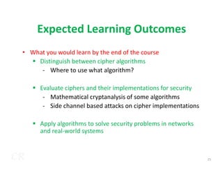 Expected Learning Outcomes
• What you would learn by the end of the course
Distinguish between cipher algorithms
- Where to use what algorithm?
Evaluate ciphers and their implementations for security
CR 25
Evaluate ciphers and their implementations for security
- Mathematical cryptanalysis of some algorithms
- Side channel based attacks on cipher implementations
Apply algorithms to solve security problems in networks
and real-world systems
 