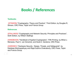 Books / References
Textbooks
(STINSON) ''Cryptography: Theory and Practice", Third Edition, by Douglas R.
Stinson, CRC Press, Taylor and Francis Group
References
CR 26
References
(STALLINGS) ''Cryptography and Network Security: Principles and Practices'',
Sixth Edition, by William Stallings
(HANDBOOK) ''Handbook of Applied Cryptography'', Fifth Printing, by Alfred J.
Menezes, Paul C. van Oorschot, and Scott A. Vanstone, CRC Press
(HARDSEC) ''Hardware Security : Design, Threats, and Safeguards", by
Debdeep Mukhopadhyay and Rajat Subhra Chakraborty, CRC Press, Taylor
and Francis Group
 
