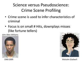 Science versus Pseudoscience:
                Crime Scene Profiling
   • Crime scene is used to infer characteristics of
     criminal
   • Focus is on small # Hits, downplays misses
     (like fortune tellers)
John Allen Williams




  1960-2009                                Malcolm Gladwell
 