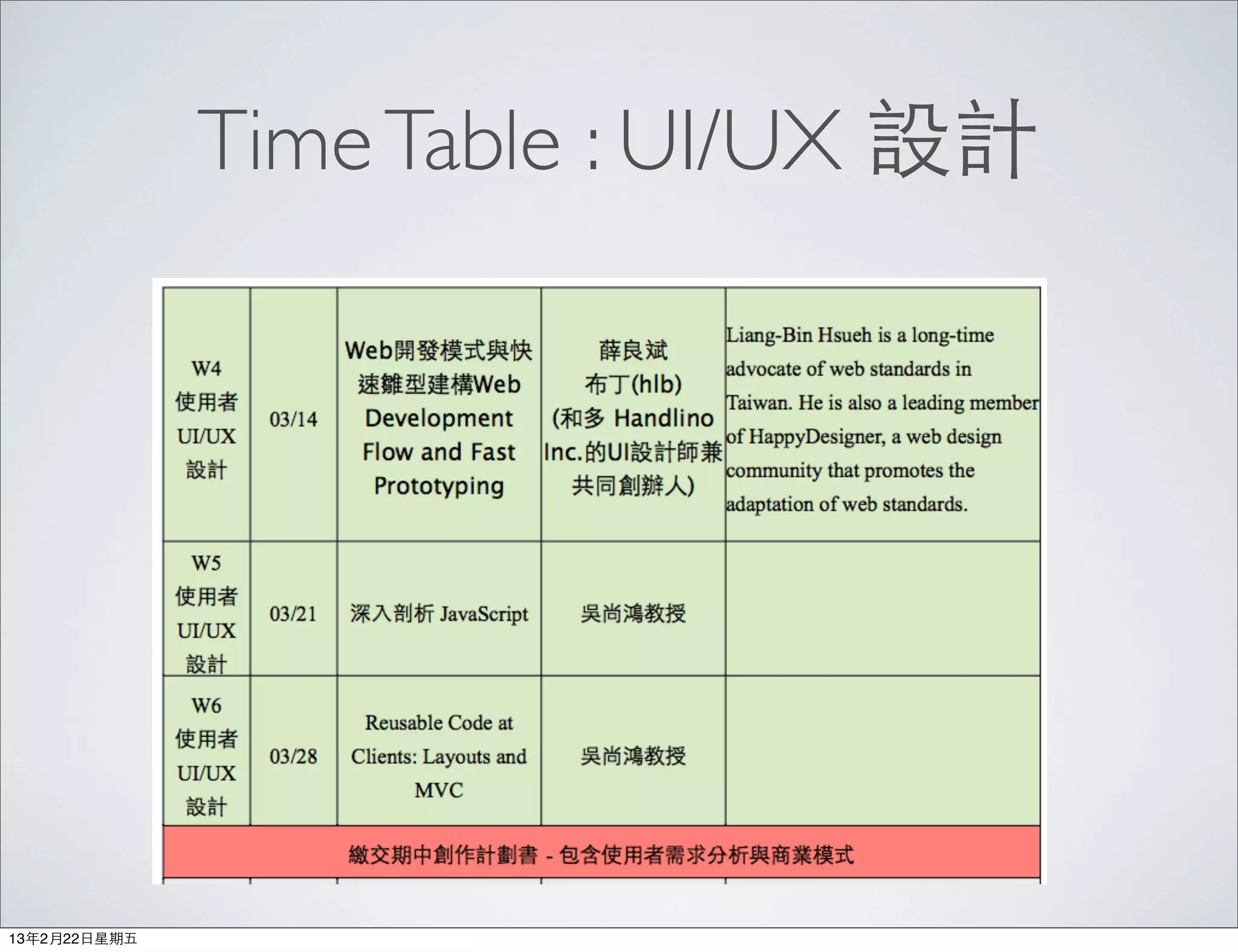 Time Table : UI/UX 設計




13年2月22⽇日星期五
 