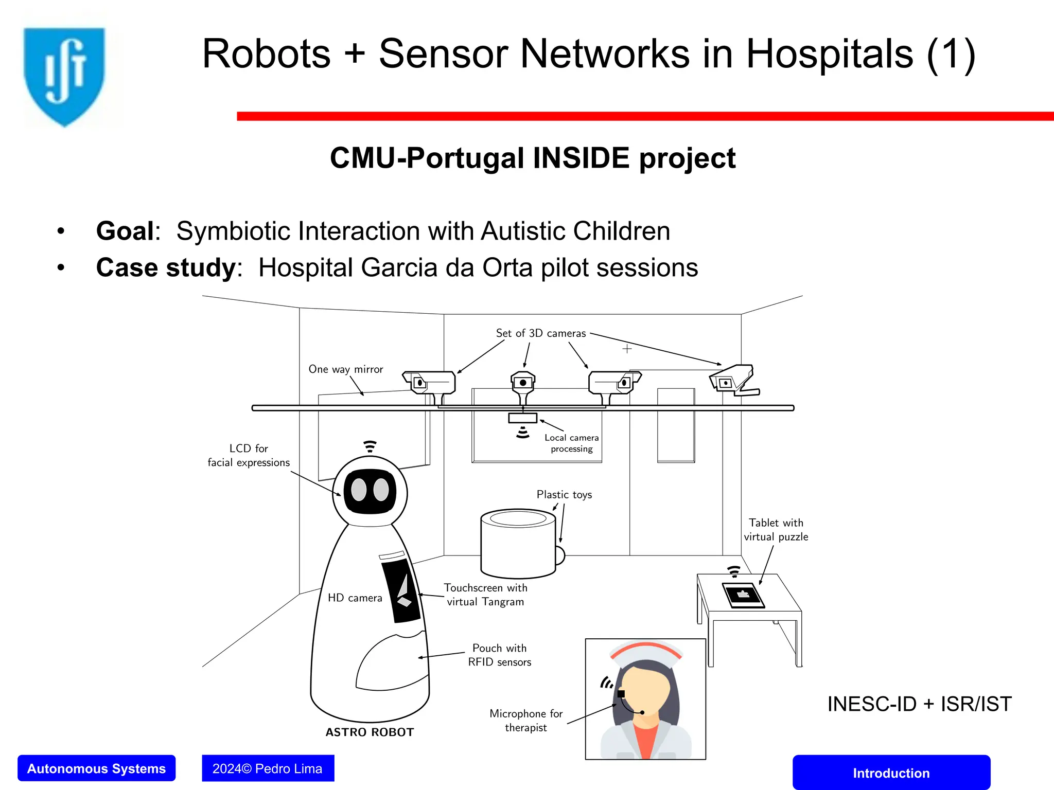 Autonomous Systems 2024© Pedro Lima Introduction
Robots + Sensor Networks in Hospitals (1)
• Goal: Symbiotic Interaction with Autistic Children
• Case study: Hospital Garcia da Orta pilot sessions
CMU-Portugal INSIDE project
One way mirror
Set of 3D cameras
Plastic toys
Tablet with
virtual puzzle
LCD for
facial expressions
ASTRO ROBOT
Touchscreen with
virtual Tangram
Pouch with
RFID sensors
HD camera
Local camera
processing
Microphone for
therapist
INESC-ID + ISR/IST
 