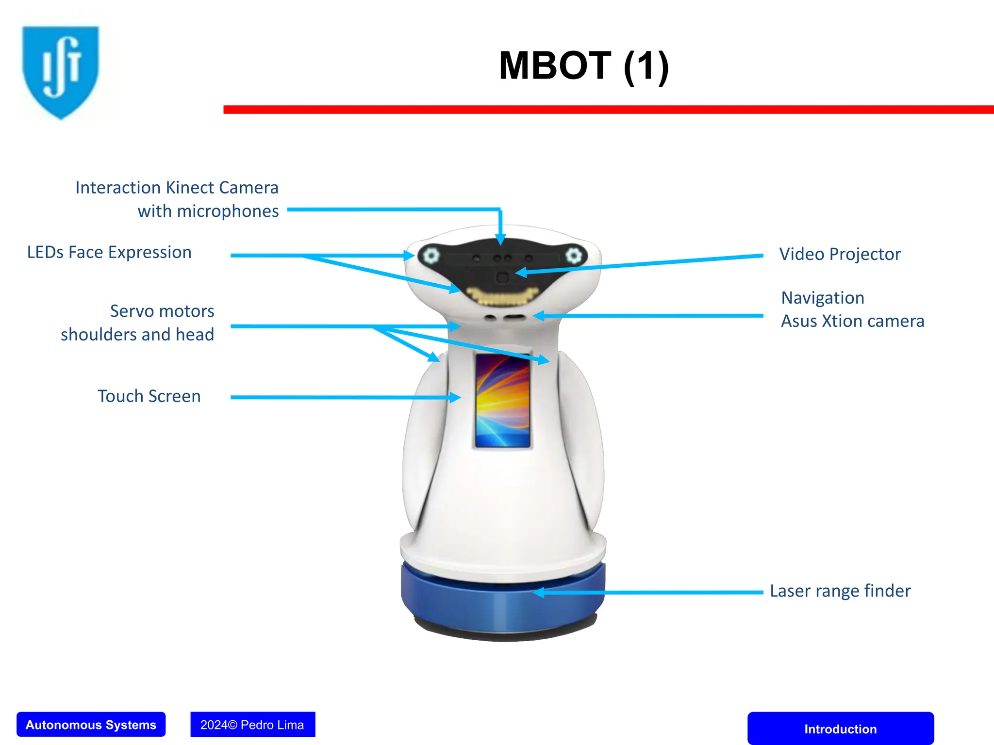 Autonomous Systems 2024© Pedro Lima Introduction
MBOT (1)
Touch Screen
Video Projector
LEDs Face Expression
Interaction Kinect Camera
with microphones
Laser range finder
Navigation
Asus Xtion camera
Servo motors
shoulders and head
 