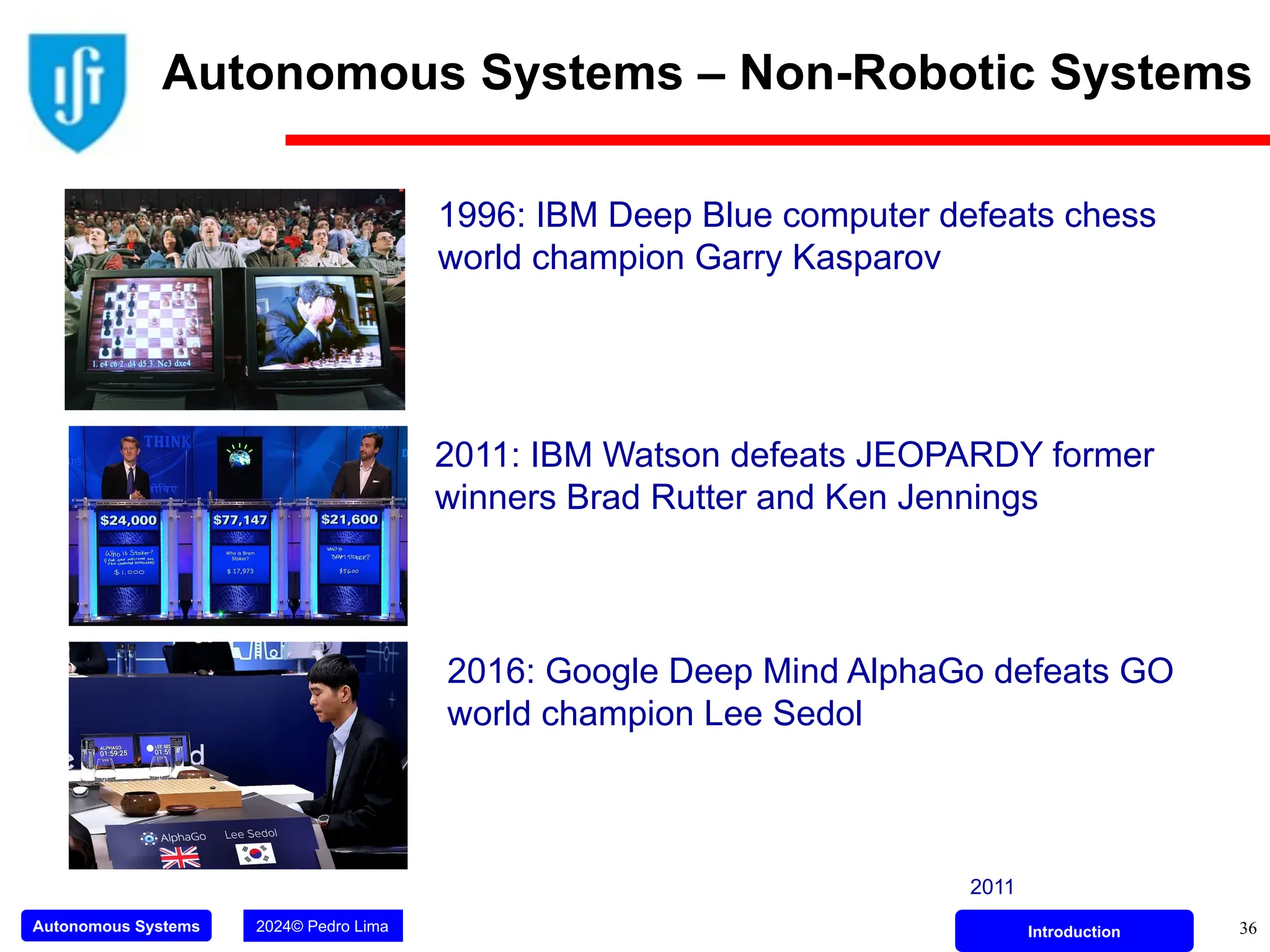 Autonomous Systems 2024© Pedro Lima Introduction
Autonomous Systems – Non-Robotic Systems
36
1996: IBM Deep Blue computer defeats chess
world champion Garry Kasparov
2011
2011: IBM Watson defeats JEOPARDY former
winners Brad Rutter and Ken Jennings
2016: Google Deep Mind AlphaGo defeats GO
world champion Lee Sedol
 