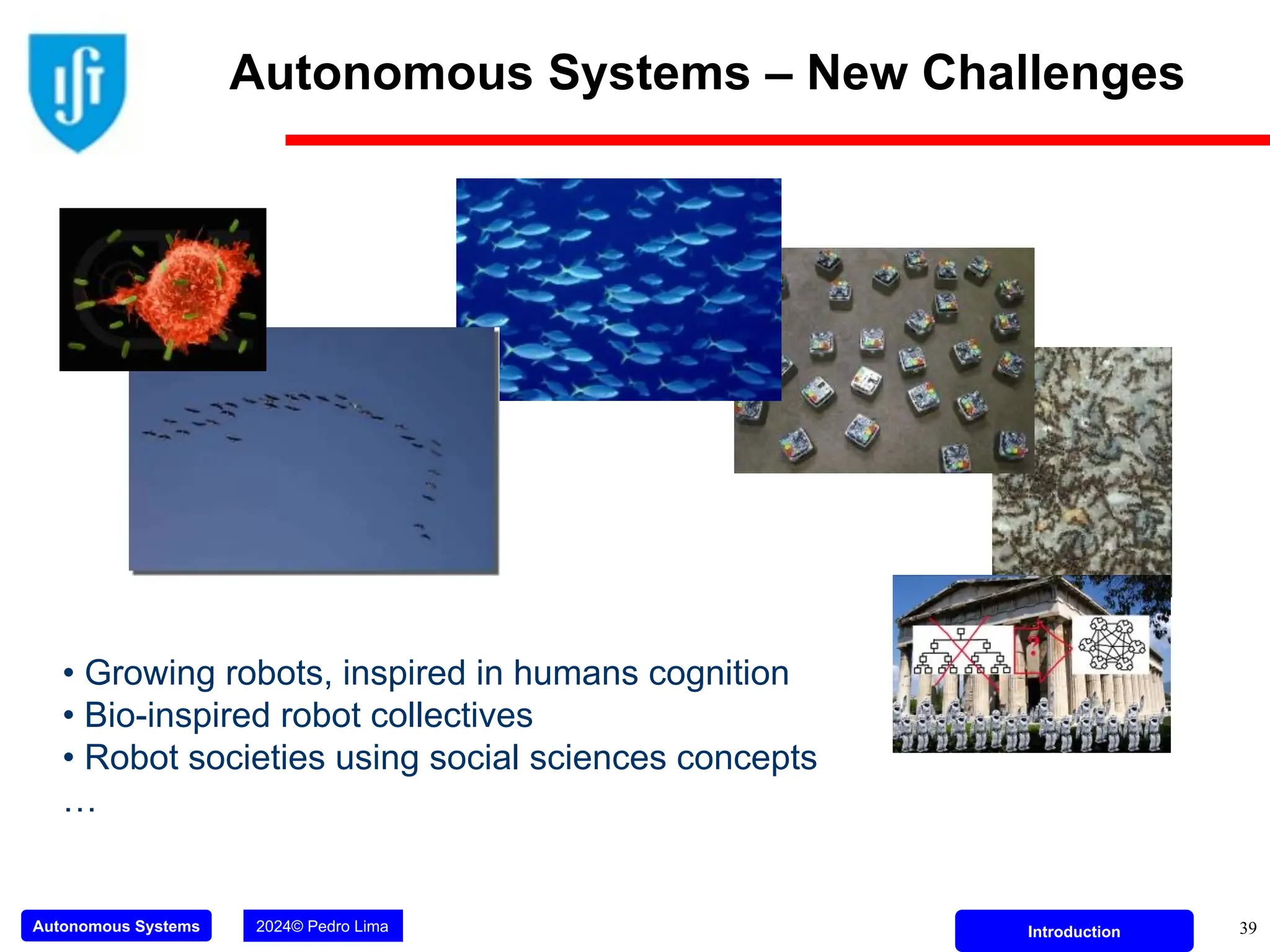 Autonomous Systems 2024© Pedro Lima Introduction 39
• Growing robots, inspired in humans cognition
• Bio-inspired robot collectives
• Robot societies using social sciences concepts
…
Autonomous Systems – New Challenges
 
