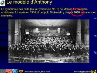 Mohamed Louadi, PhD Tunis mlouadi@louadi.com52
Le modèle d’Anthony
La symphonie des mille (ou la Symphonie No. 8) de Mahler. La première
américaine fut jouée en 1916 et Leopold Stokowski y dirigea 1068 musiciens et
choristes.
 