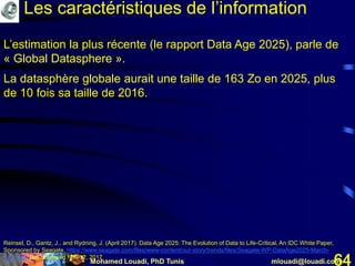 Mohamed Louadi, PhD Tunis mlouadi@louadi.com64
L’estimation la plus récente (le rapport Data Age 2025), parle de
« Global Datasphere ».
La datasphère globale aurait une taille de 163 Zo en 2025, plus
de 10 fois sa taille de 2016.
Reinsel, D., Gantz, J., and Rydning, J. (April 2017). Data Age 2025: The Evolution of Data to Life-Critical, An IDC White Paper,
Sponsored by Seagate, https://www.seagate.com/files/www-content/our-story/trends/files/Seagate-WP-DataAge2025-March-
2017.pdf, last accessed Nov 12, 2017.
Les caractéristiques de l’information
 