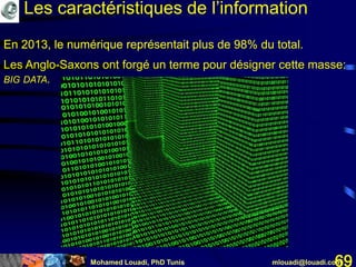 Mohamed Louadi, PhD Tunis mlouadi@louadi.com69
En 2013, le numérique représentait plus de 98% du total.
Les Anglo-Saxons ont forgé un terme pour désigner cette masse:
BIG DATA.
En 2013, le numérique représentait plus de 98% du total.
Les caractéristiques de l’information
 