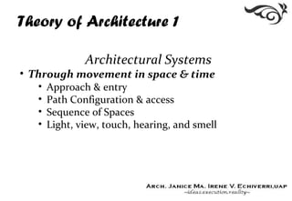 Theory of Architecture 1
Architectural Systems
• Through movement in space & time
• Approach & entry
• Path Configuration & access
• Sequence of Spaces
• Light, view, touch, hearing, and smell
 