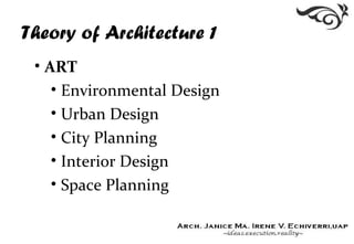 Theory of Architecture 1
• ART
• Environmental Design
• Urban Design
• City Planning
• Interior Design
• Space Planning
 